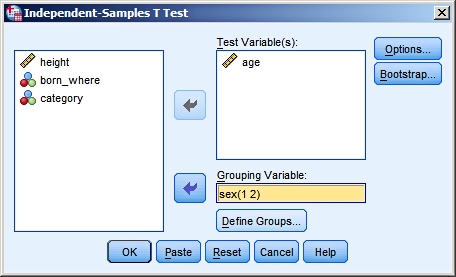 independent t-test dialog box